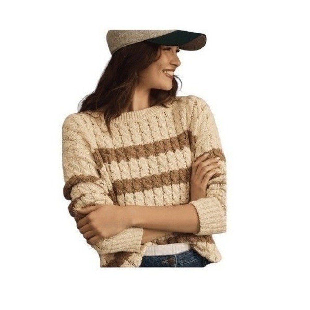 Pilcro Anthropologie Cable Knit Sweater Cream Brown Longline Stitch Striped Crew